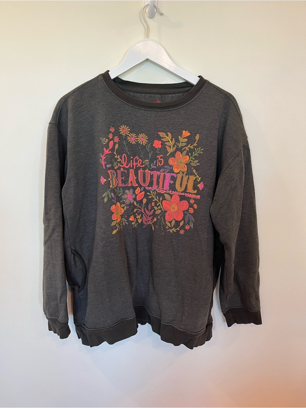 Natural Life Life Is Beautiful Pullover Crewneck Sweatshirt Size Large Gray Boho